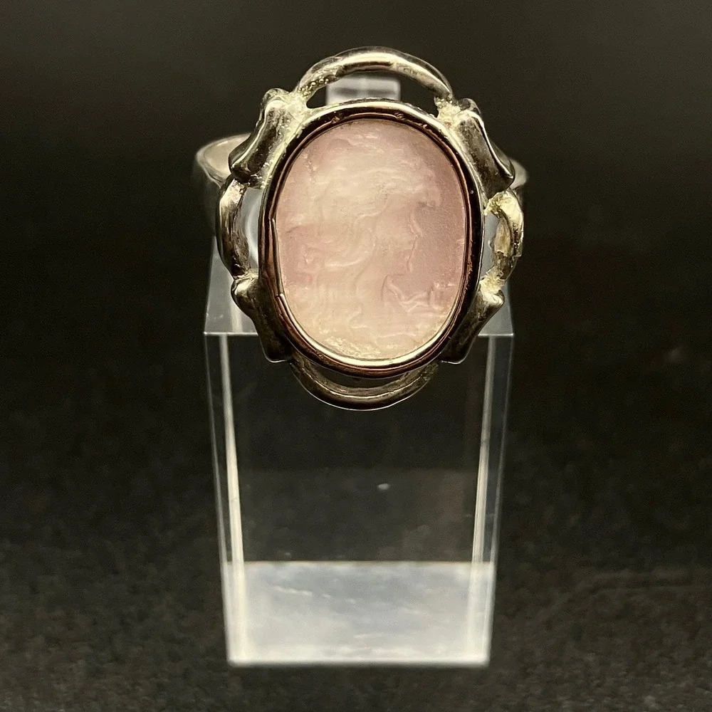 Vintage Sterling Silver Cameo Ring Pink Mother of Pearl Shell Carved Size 9